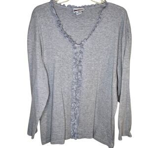Bill Blass 2X Gray Cotton Blend Ruffled V-Neck Longsleeve Top [0246]